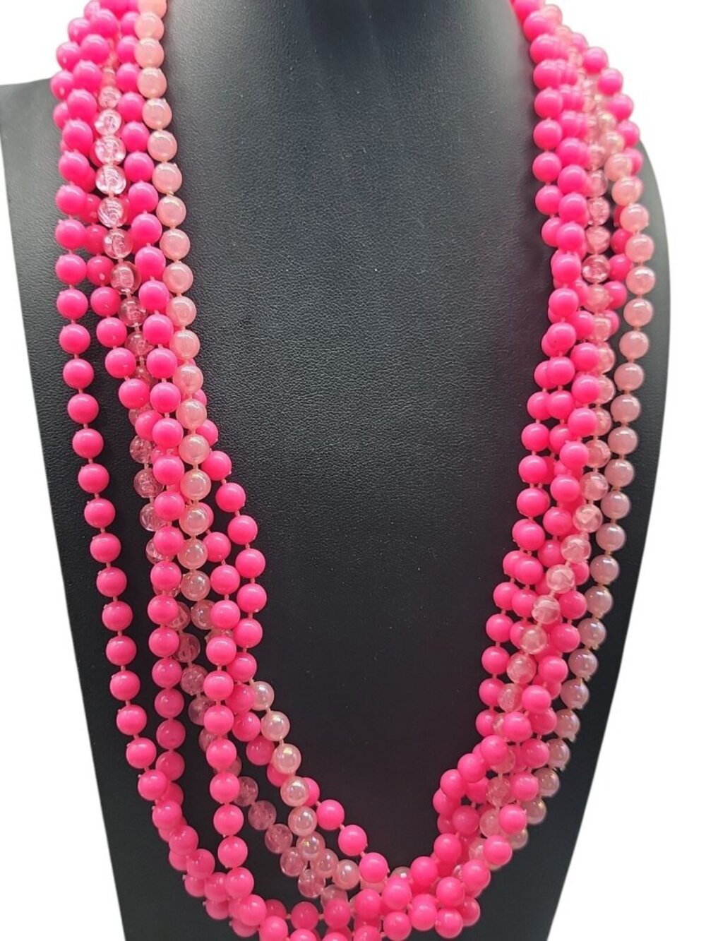 Vintage Selini Hot Pink Lucite Beaded Necklace 5 Strand Layered 1950s Statement